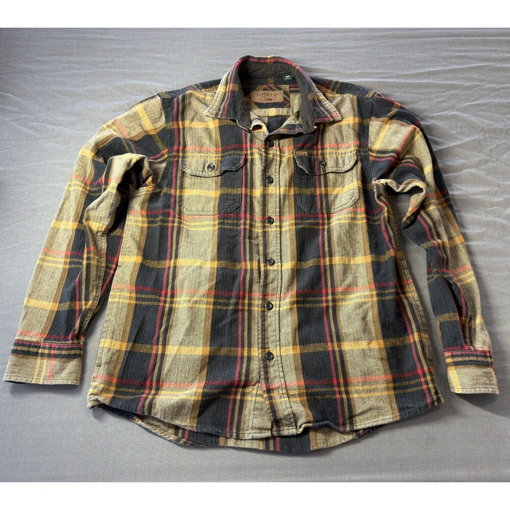 Orvis Shirt Mens Medium Brown Plaid Heavy Flannel Side Pockets Shacket